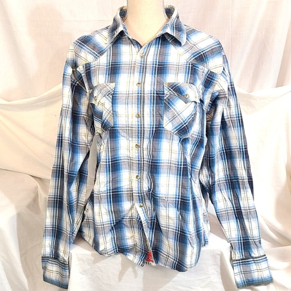 Men's Large Twenty X Wrangler 20X  MJ1225M Pearl Snap Blue Plaid Dress Shirt